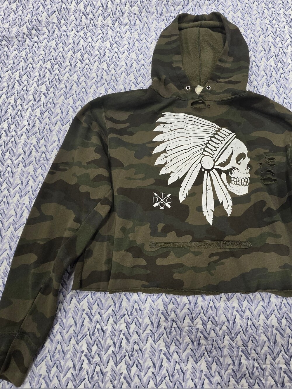 The Drive Clothing- Camo Green Cropped Hoodie with White Skull Headdress Graphic
